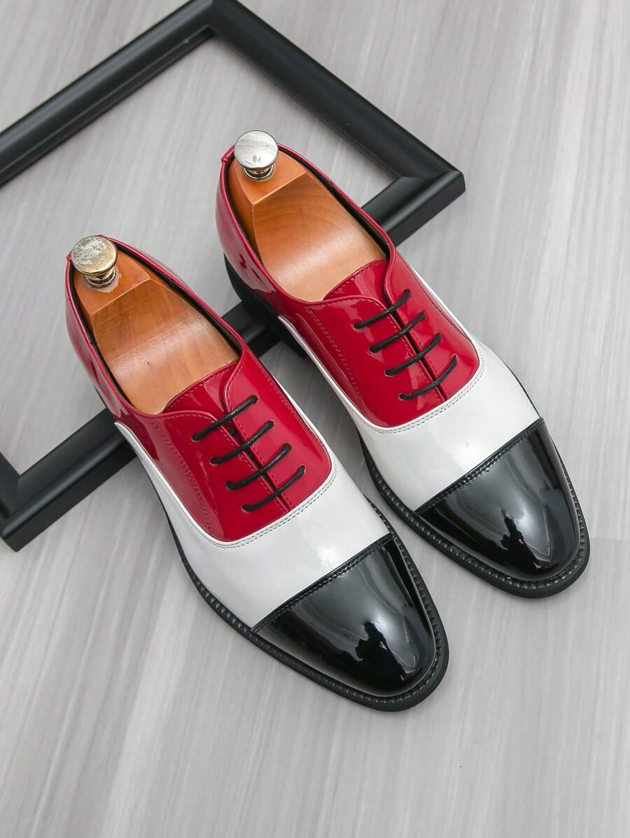 Męskie formalne buty wizytowe, błyszczące, brytyjskie, skórzane buty biznesowe casualowe, białe i czerwone, bloki kolorystyczne, sznurowane, ślubne, na imprezę