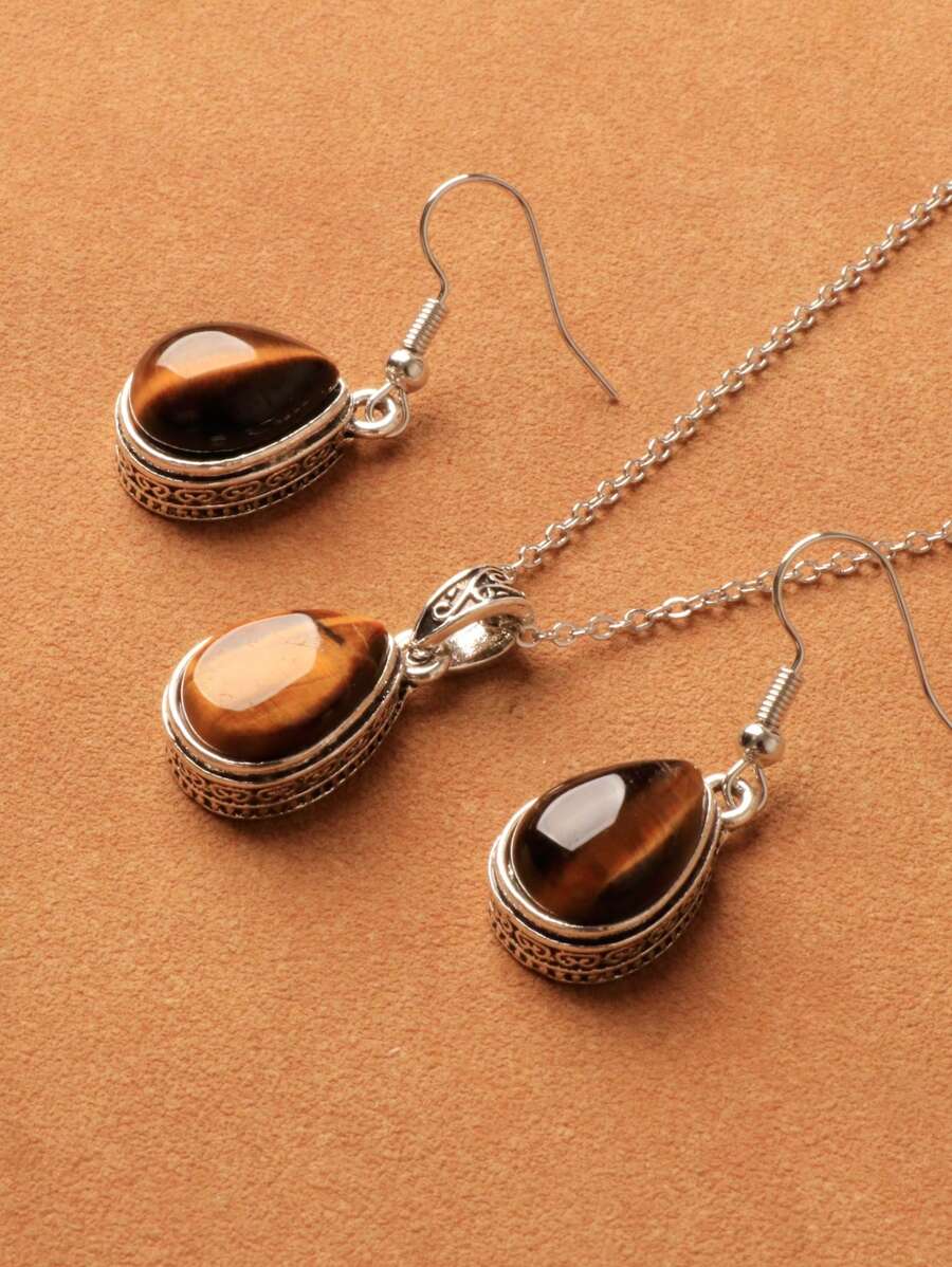 Juego de joyas de collar con colgante y pendientes de piedra de ojo de tigre en forma de lágrima de alta calidad para mujeres