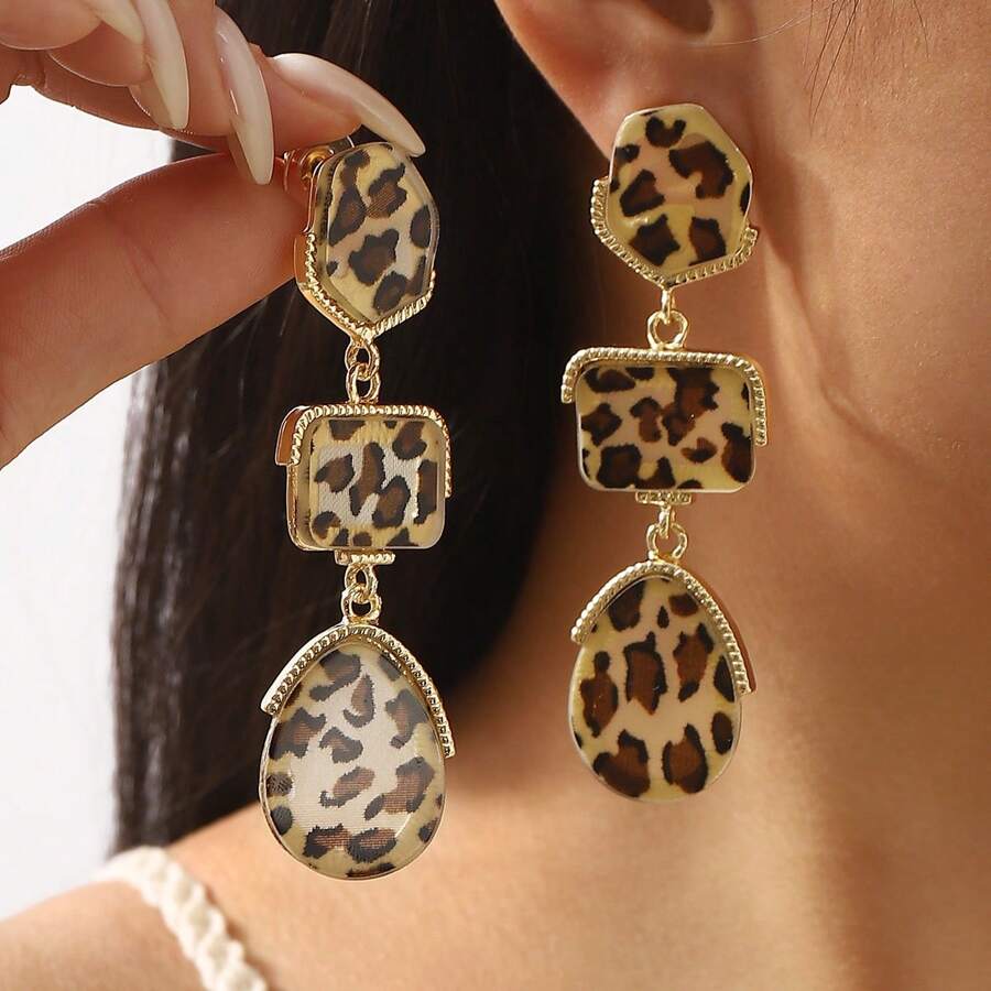 Mydear 1 Pair Retro Geometric Leopard Print Resin Pendant Earrings Suitable For Women's Everyday Wear