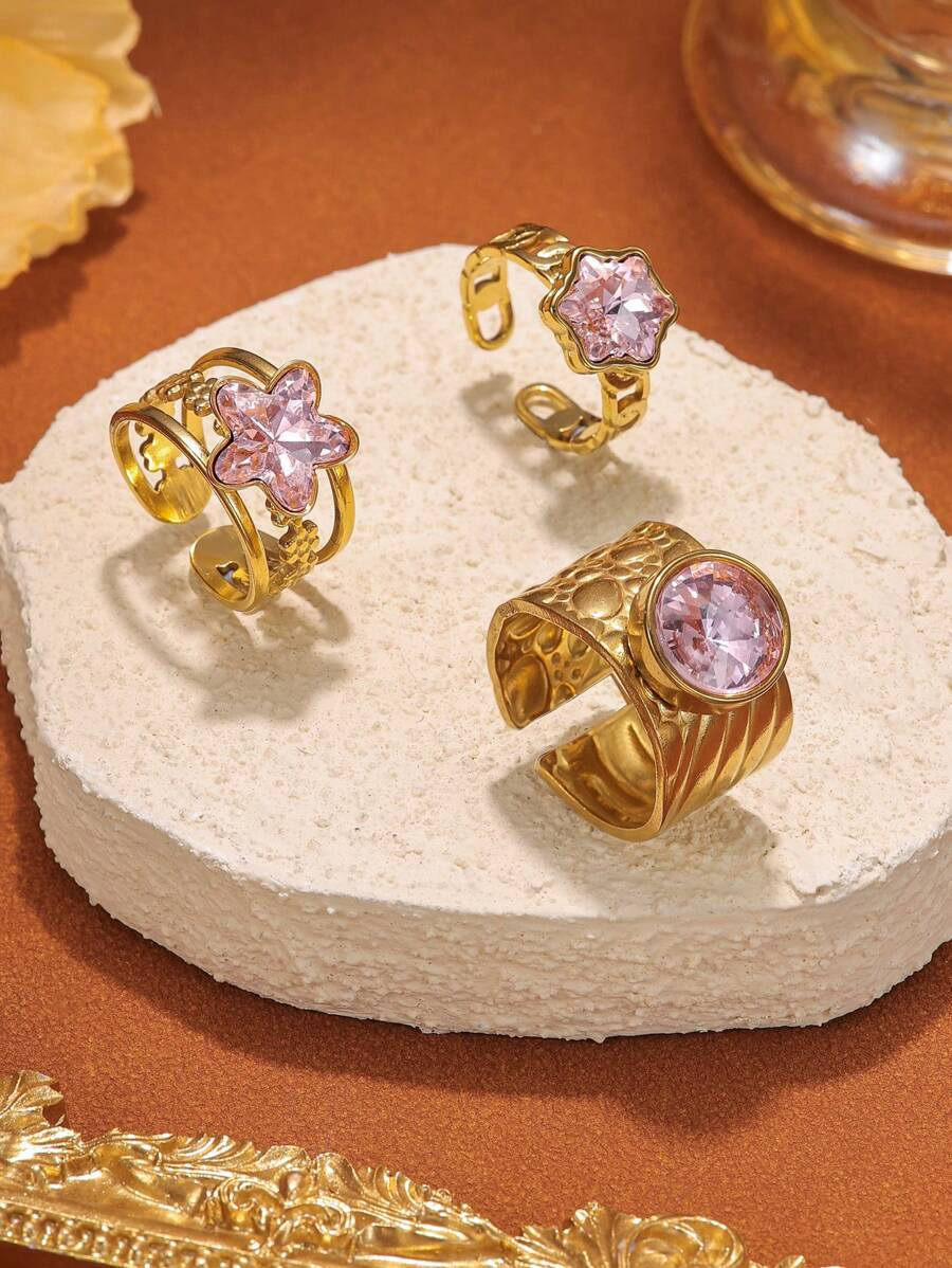3pcs/Set Stainless Steel Gold & Pink Tone Gemstone Rings, Suitable For Women Daily Accessories Or Gifts