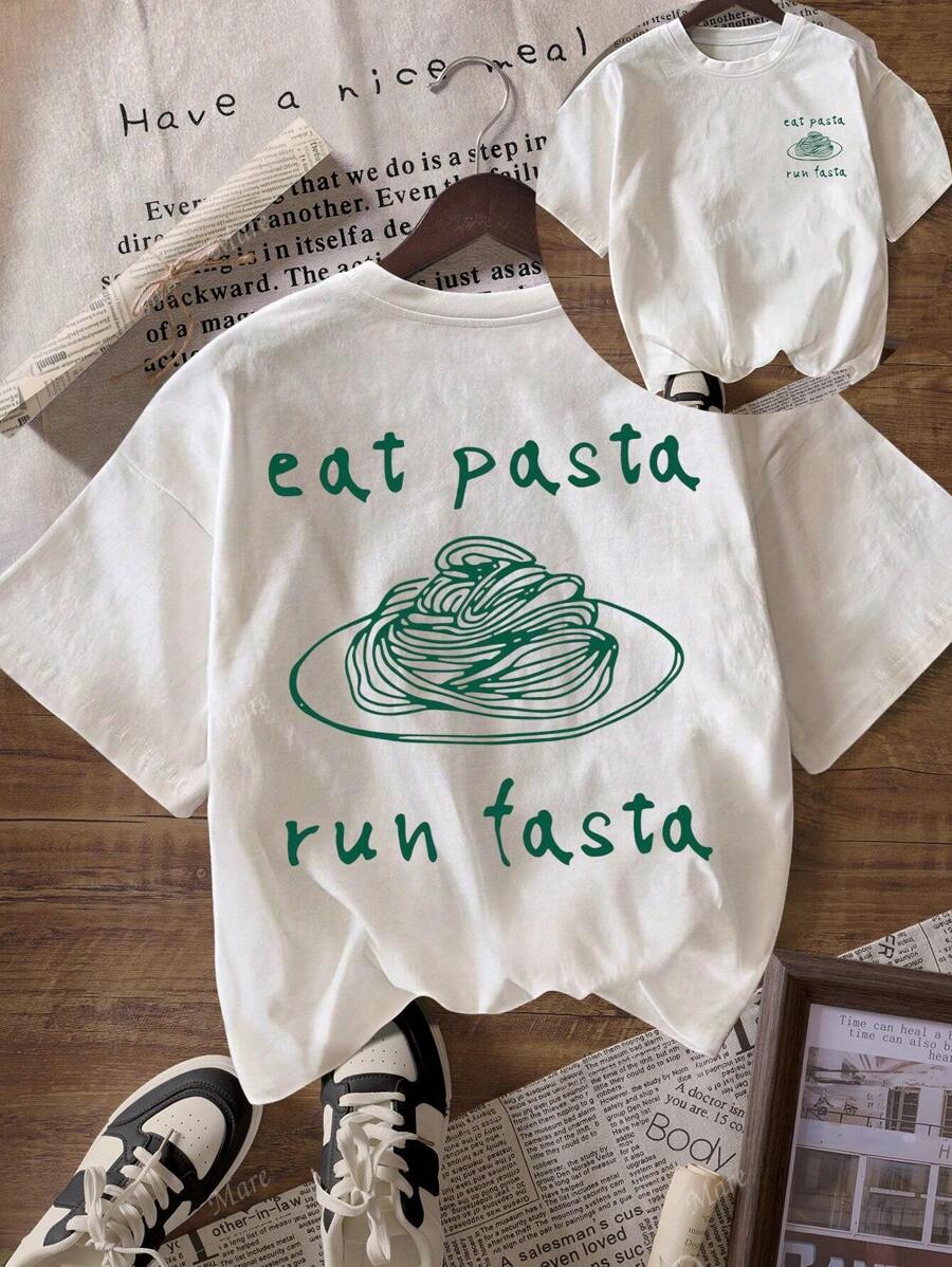 Maglietta casual da donna con scollo tondo e maniche corte, con stampa a pasta, outfit estivi per uscire