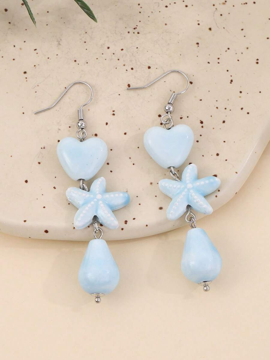 1 par de brincos minimalistas de cerâmica com pingente em forma de estrela-do-mar azul e elementos mistos, elegantes e versáteis, adequados para férias, festas e uso diário