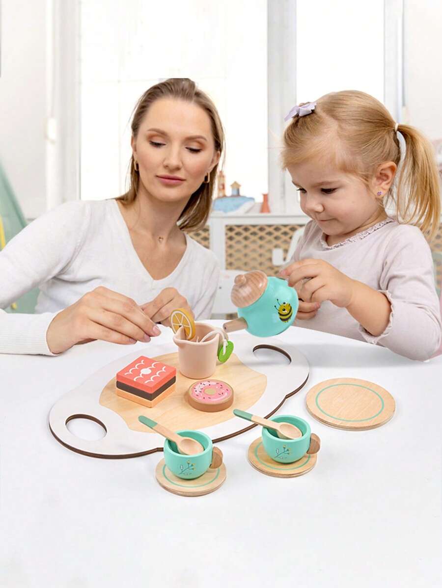 1 Set de té de madera para niños pequeños de 3+ años - Juguete de postre de Set simulado con tetera y galletas, regalo educativo Montessori para Sets de roles, juguete imaginativo para fiesta de cumpleaños