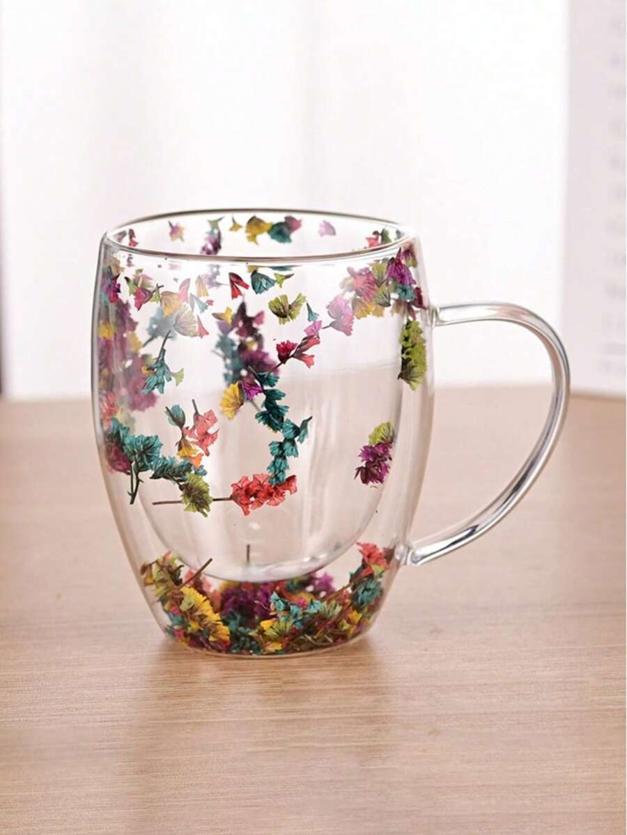 1pc Innovative Double Wall Glass With Dried Flower, Made Of High Borosilicate Glass, Suitable For Holding Coffee And Tea, Home, Office Or Bar Use