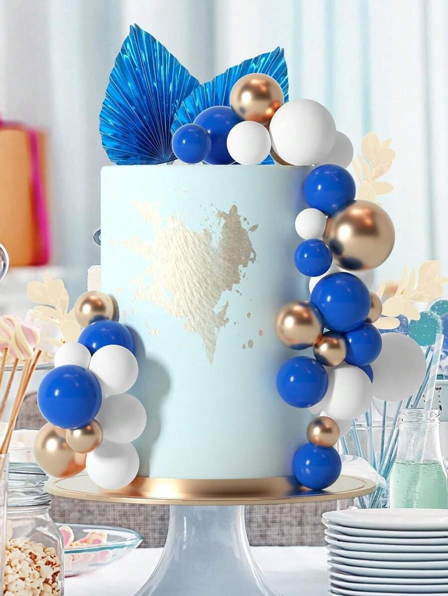 37 Stück bunte Schaumstoffkugel-Tortendekoration, bohemian-Stil Tortendekoration, imitierte Palmblatt-Papier-Fächer Tortendekoration, blaue oder schwarz-goldene Themen-Serie für Torten, geeignet für Taufen, Gender-Enthüllungspartys, Geburtstagsfeiern, Rentenfeiern, Junggesellinnenabschiede, Muttertag, Hochzeitstorten und Valentinstag, verschiedene thematische Tortendekoration