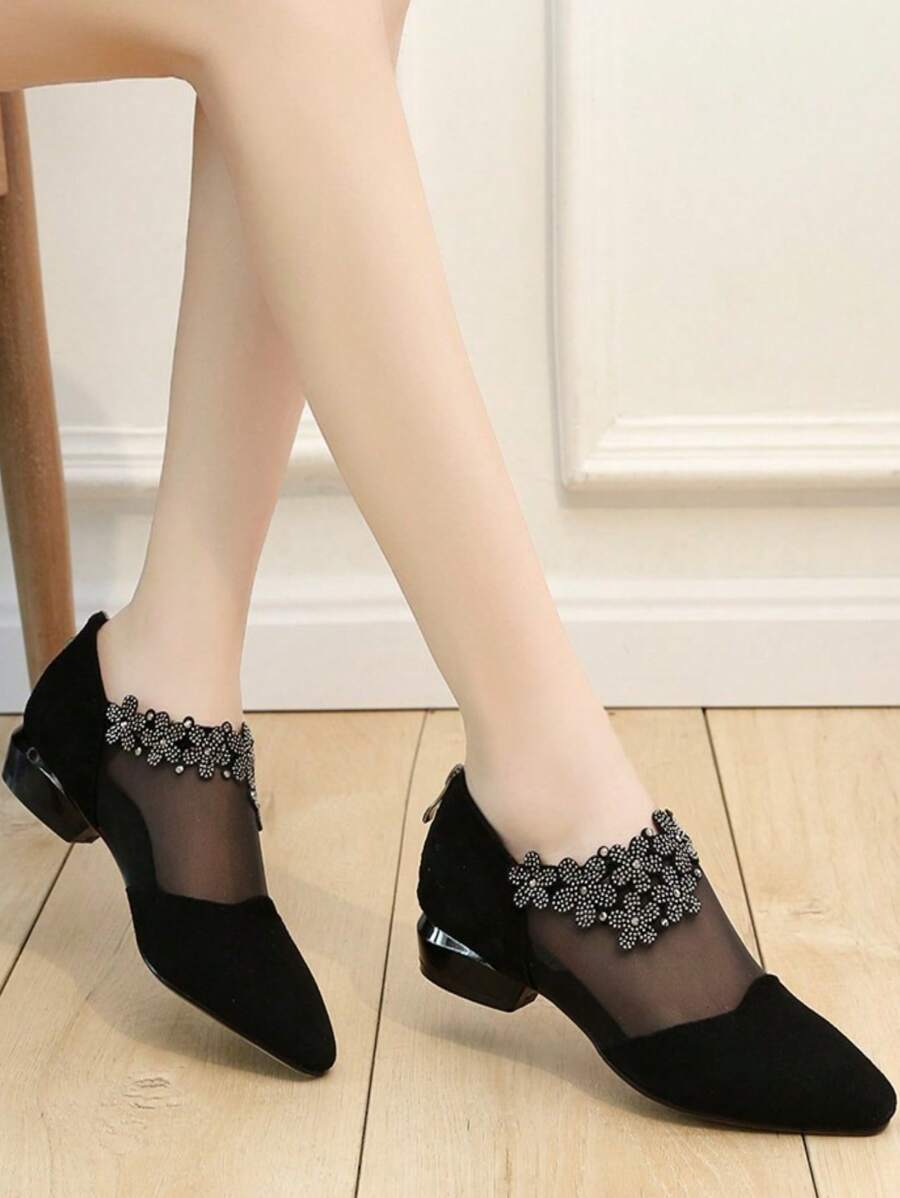 Elegant Spring & Summer Women's Rhinestone Decorated Mesh Sandals - Pointed Toe, Low Heel, Flat, Non-Slip Rubber Sole, Zip Closure, Black, Comfortable Casual
