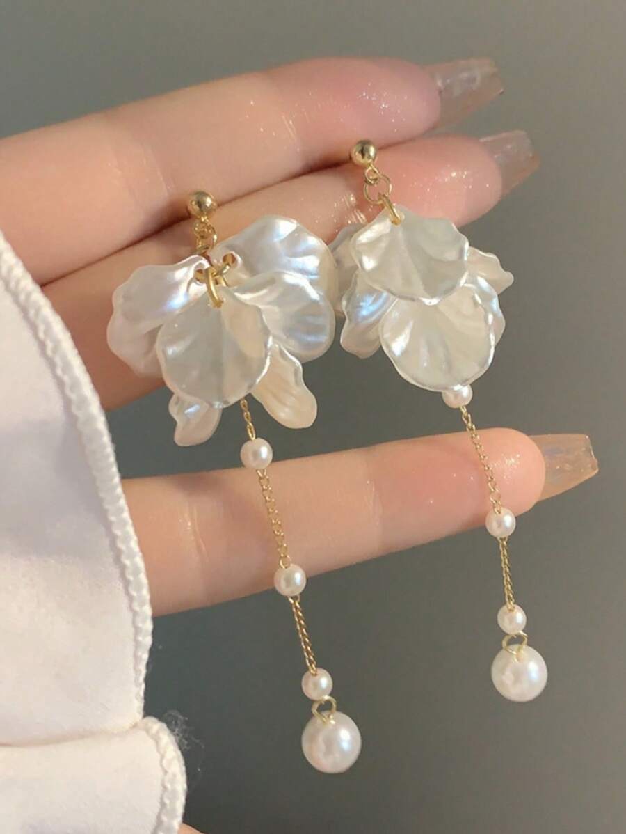 Brincos De Corrente Pérola Falsa Floral Estilo Coreano Com Pingente, Acessórios De Orelha Elegantes E Doces Para Meninas
