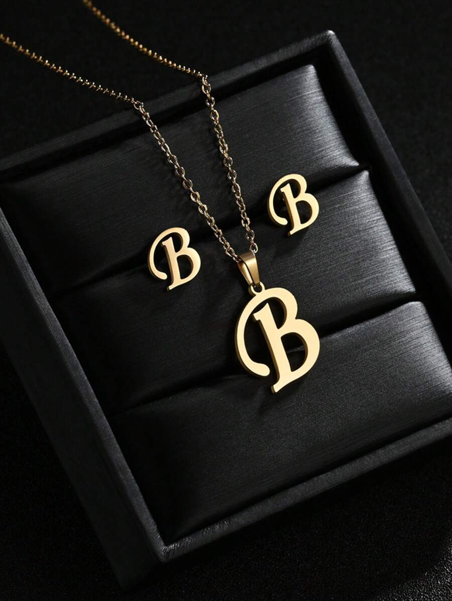 1 Set A-Z Stainless Steel Initial Necklace And Stud Earrings Jewelry Sets Alphabet Letter Pendant Chain Accessories Gifts