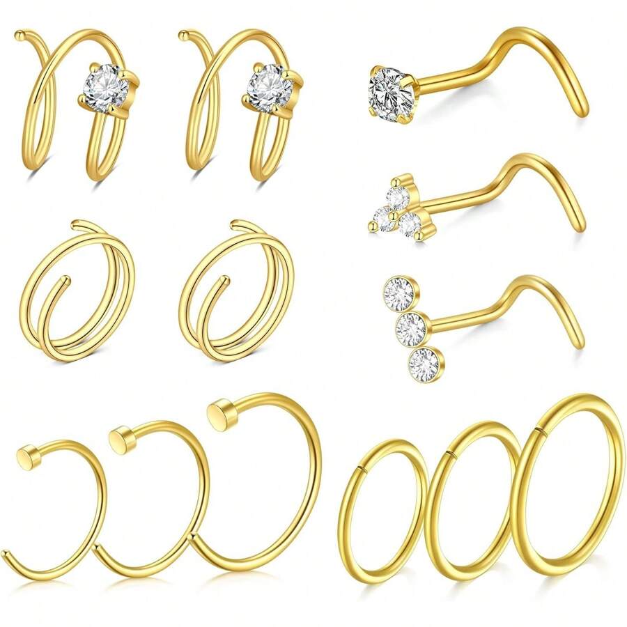 AVYRING Juego de 13 piezas de aretes y pendientes para la nariz - Joyas para perforación nasal de 20G (plata/negro/oro) - Acero inoxidable hipoalergénico, pendientes con CZ, aros dobles, anillos en C