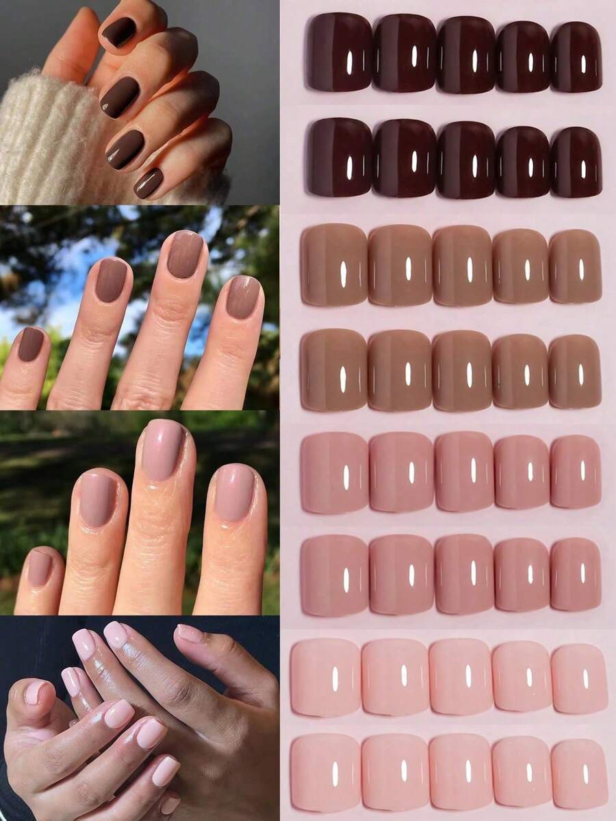 96pcs Solid 4Different Nude Colors Glossy Wearable Nail Art Lovely Short Square Fake Nails Detachable Finished False Nails Press On Nails With Storage Box As New Year Gift For Women And Girls