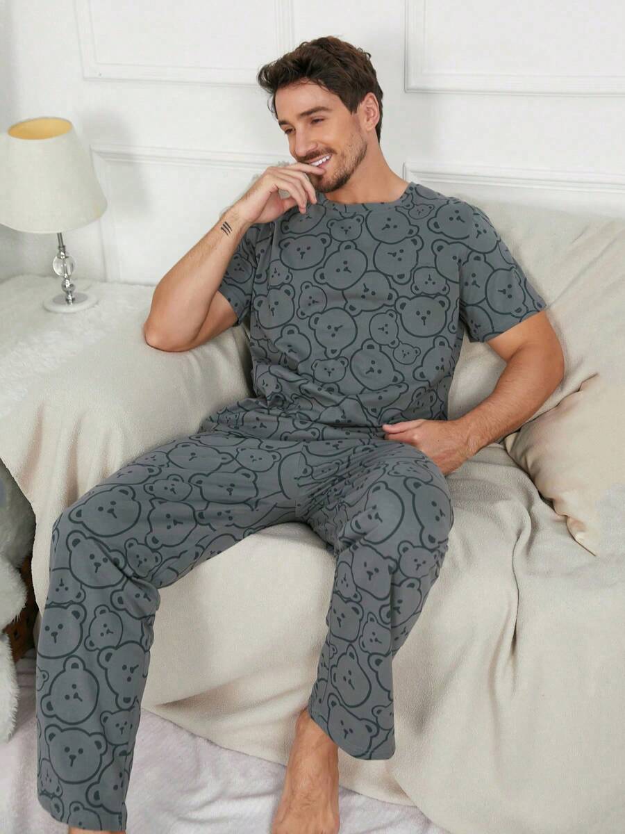 Men's Casual Cartoon Bear Print Short Sleeve Top And Long Pants Pajama Set, Summer Loungewear