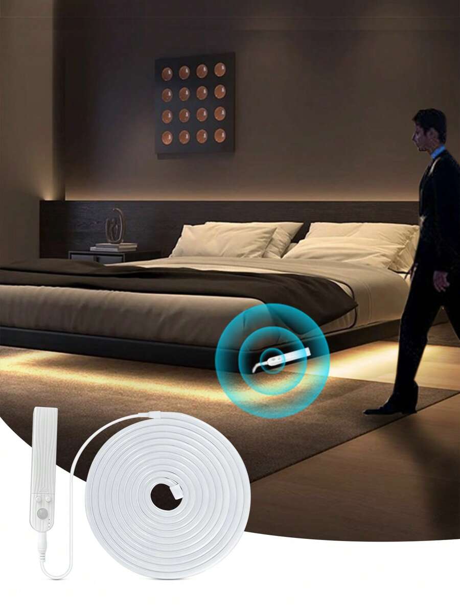 Luce segnapasso a sensore di movimento a LED, alimentata a batteria, striscia al neon a luce bianca calda, con porta USB, adatta per scale, corridoi, balconi, decorazioni per matrimoni, interni ed esterni, illuminazione per scale, design di illuminazione moderna, striscia al neon durevole, luce a LED per scale