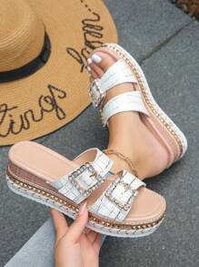 Beige Crocodile Pattern-square Rhinestone Buckle