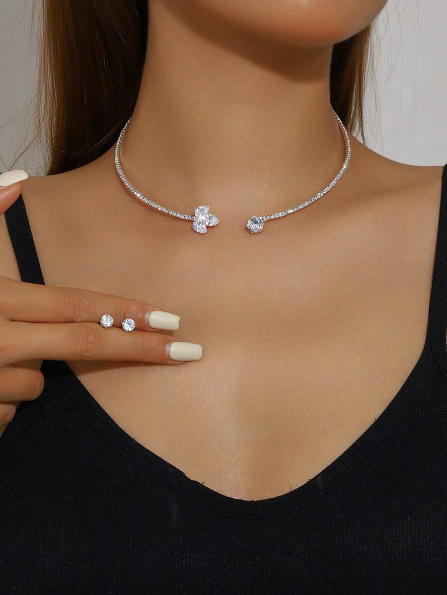 3pcs Set Metal Collar Necklace With Rhinestones Elegant And High-End Necklace And Earrings Set For Women