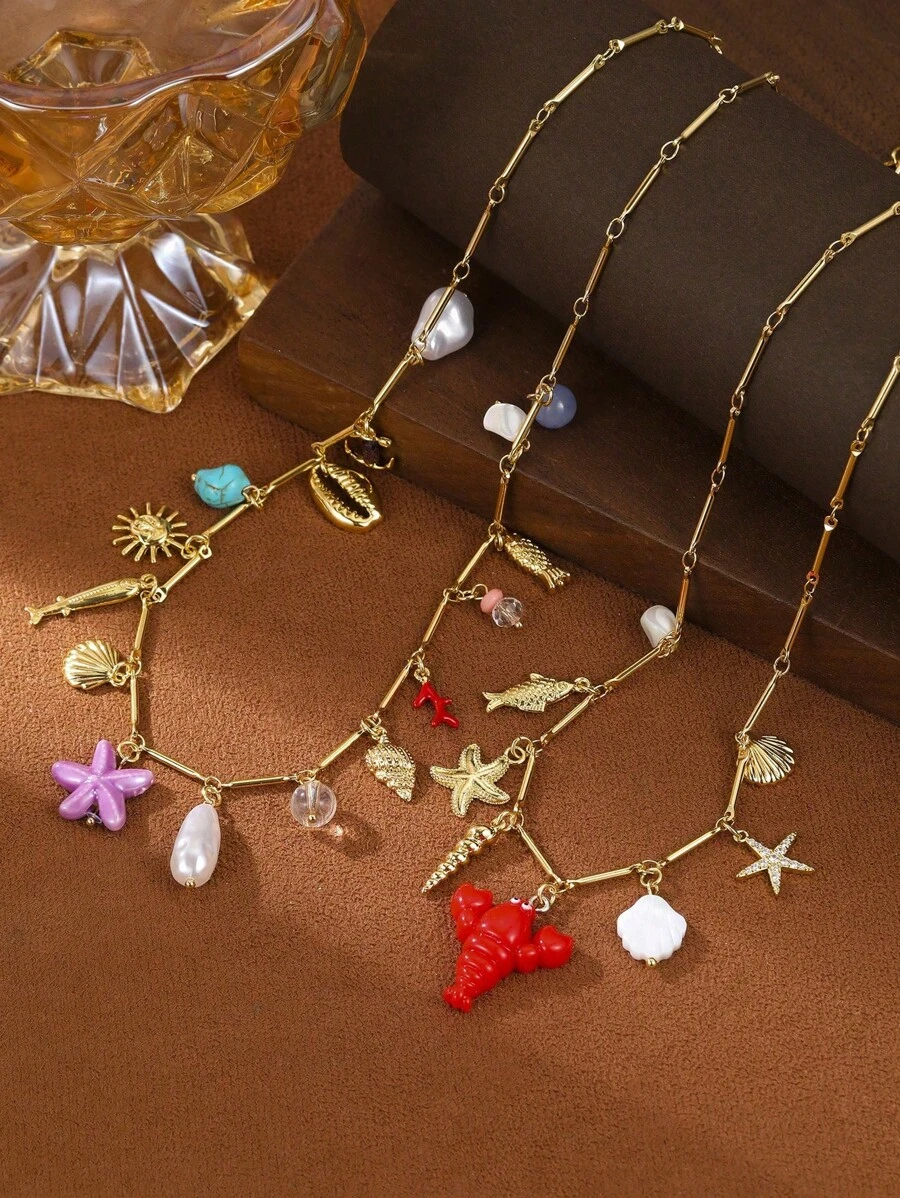 1pc Women's Fashion Jewelry, Ocean Themed Chain Necklace With Colorful Starfish, Seashell, Lobster Pendant, Suitable For Summer Beach Vacation, Beach Party And Daily Wear. Packaged In Velvet Bag
