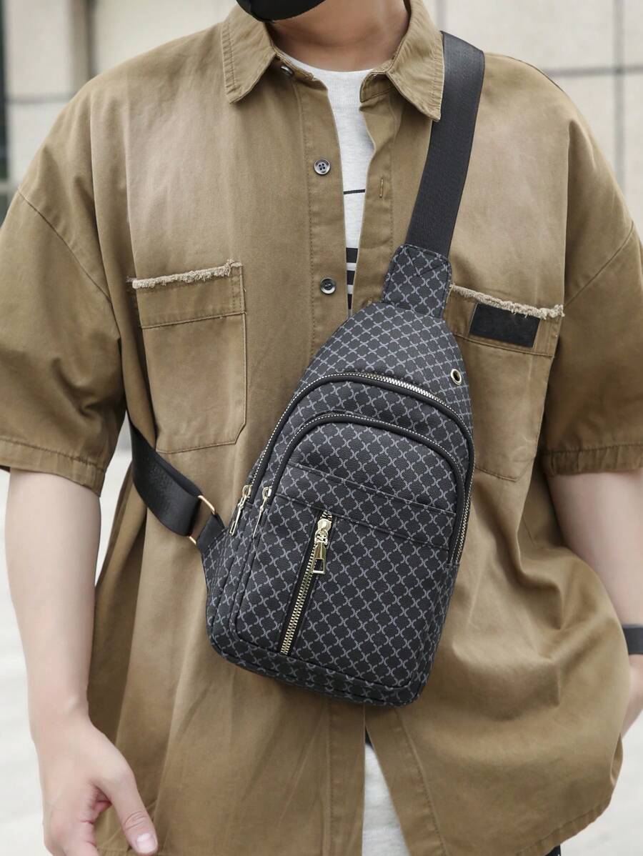 Mini Gingham Print Multi-Pockets Water Resistant Chest Bag Unisex, Portable Messenger Bag For Work, Shopping, Travel, Suitable As Holiday Gift