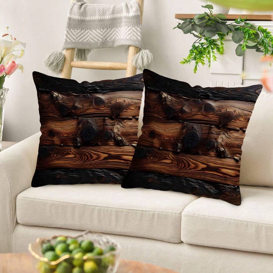 TOPSSCTR 2pcs Throw Pillow Cover, Pillowcases, Retro Wood Grain Pattern Pillowcases, Cabin Style Pillowcases, Single-Sided Printing, Suitable For Sofa, Living Room, Bedroom Car Cushions, Home Decoration, No Pillow Core