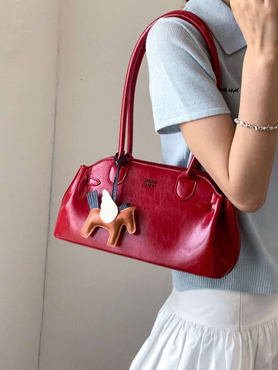 Bolso de mano tipo bola de bolos de Boston, bolso de hombro de unicolor de piel de PU para mujeres