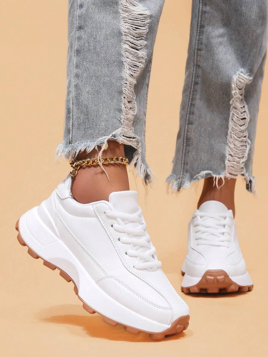 1 Pair Women's Fashionable Versatile Casual Thick Sole White Low-Top Leather Sneakers, Non-Slip , Suitable For Outdoor Activities And Daily Wear, All Seasons