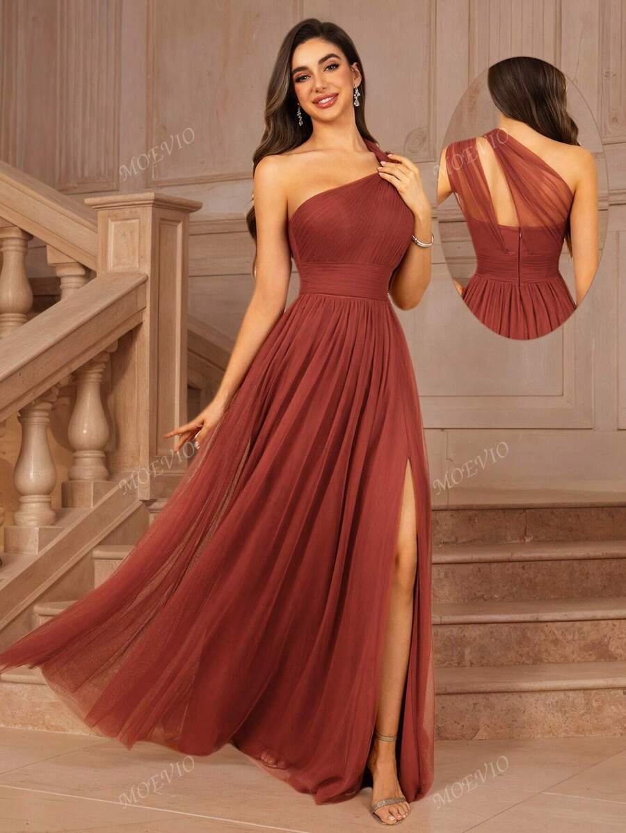MOEVIO فستان سهرة طويل لضيف الزفاف للربيع والصيف بتصميم كتف واحد متناسق وخلف شفاف، من نوع A-Line للمناسبات الرسمية، مناسب للاحتفالات والأعياد كعيد الحب وعيد الميلاد