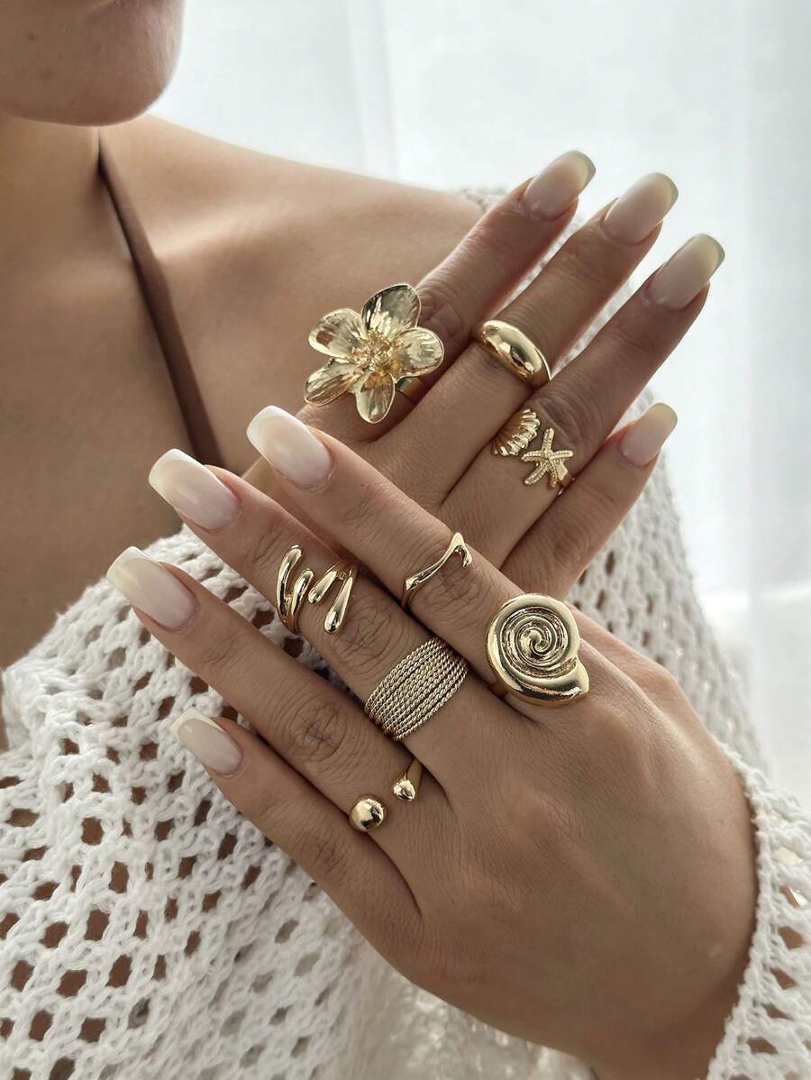 8 Stücke/Set Seestern & Kamm Offene Ringe, Set aus glatten Blumen-Legierungsringen, geeignet für Party, Geschenk und Alltagsgebrauch