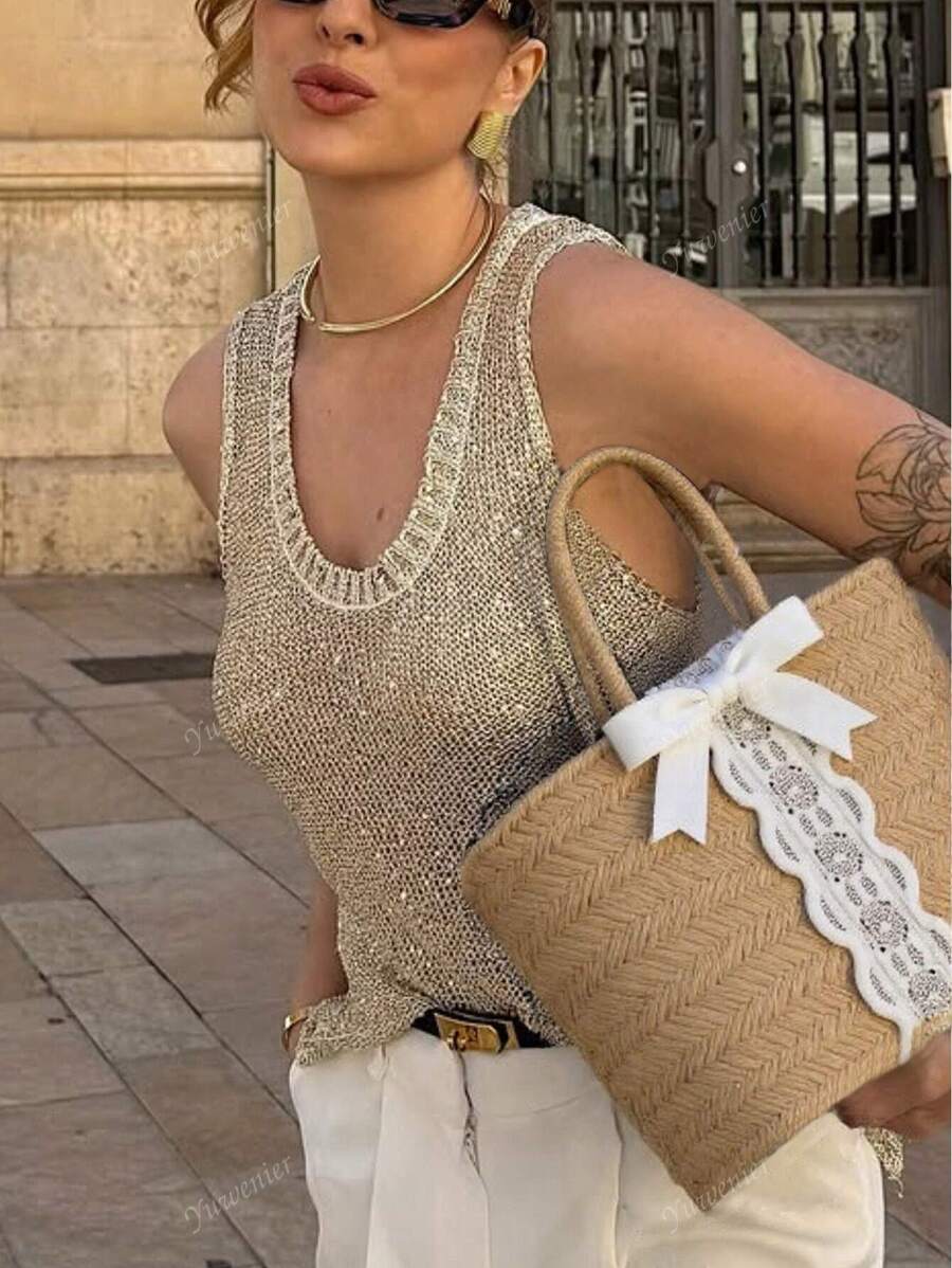 Top a maglia casual con paillettes e senza maniche, a tinta unita, con lavorazione traforata, base per abbigliamento estivo, adatto per uso quotidiano, vacanze estive, uscite, crop top da donna