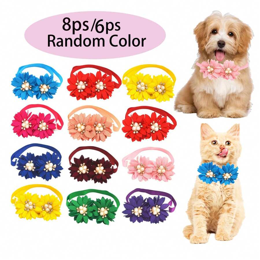 6pcs/8pcs Random Color Pet Flower Bow Tie Collar, Classic Double Flower Pearlescent & Rhinestone Decor Adjustable Neck Collar For Small/Medium Pets
