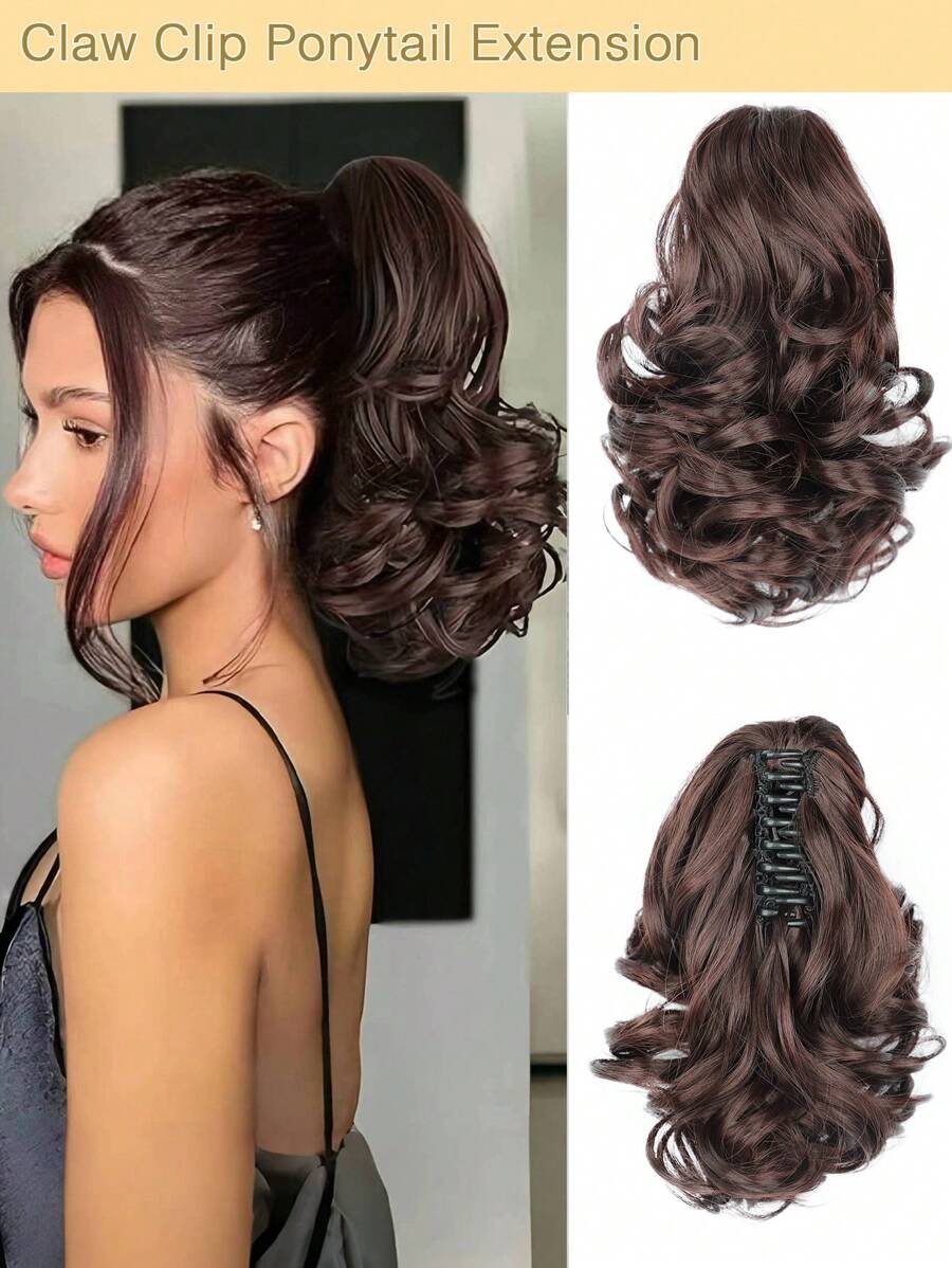 Pferdeschwanz-Verlängerung, 25cm Haarklammer-Clip-in kurze lockige wellige Haarverlängerung synthetisches Haar für Damen Alltagsgebrauch (Dunkelbraun)