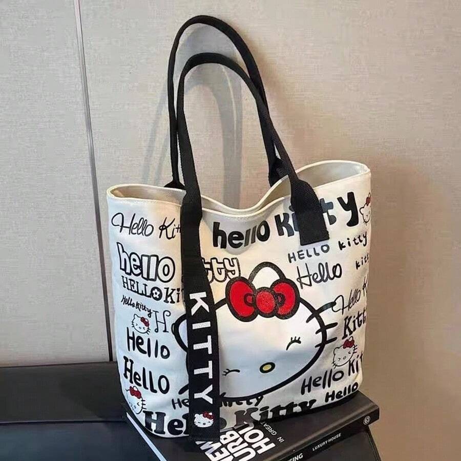 Sanrio Hello Kitty Bag Women's Large Capacity Tote Bag Travel Shoulder Handbag,Sanrio Hello Kitty Canvas Handbag, Cute KT Tote Shoulder Bag, Cartoon Versatile Tote Bag, Large Capacity Commuter Bag, Suitable For Travel, Back To School, Commuting