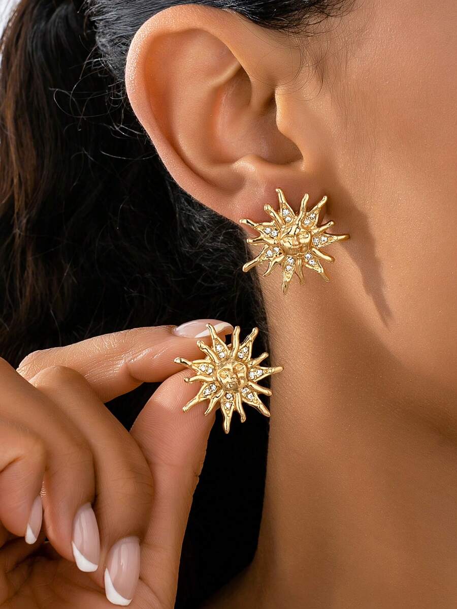 1 Paar modische, ausgefallene Kristall-besetzte goldene Sonnenförmige Ohrringe für Frauen, eleganter Schmuck