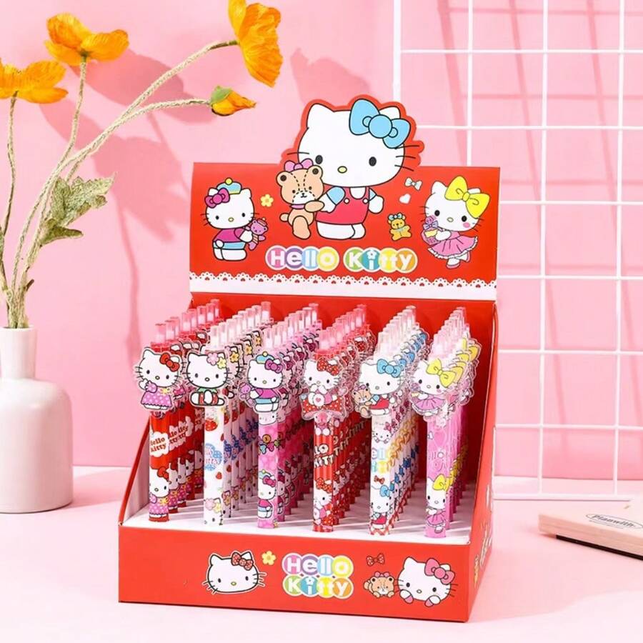 Sanrio 6pcs Sanrio Cute Kitty Design Acrylic Press Ballpoint Pen, Fancy Cartoon Shaped Neutral Pen, School Supplies, Back To School
