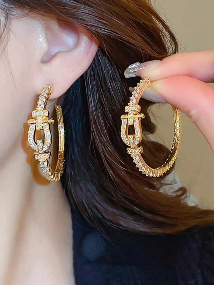Elegant & Luxury Cubic Zirconia Creative Horse Shoe C Shape Copper Earrings, Glamorous Jewelry For Women Events