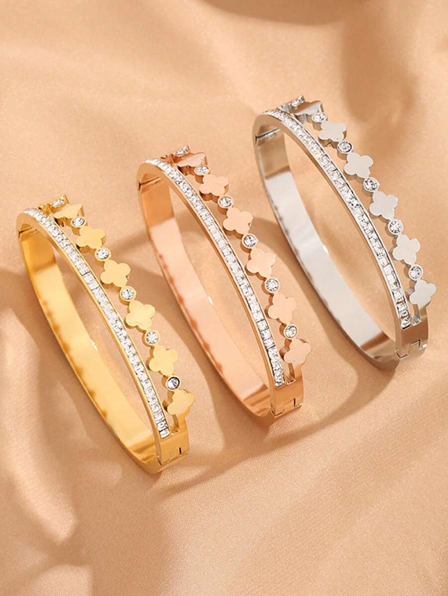 1 Stück koreanisches Mode Armband mit Vierblättrigem Kleeblatt und Strass, minimalistisch elegantes Freundschaftsarmband als Geschenk für Frauen