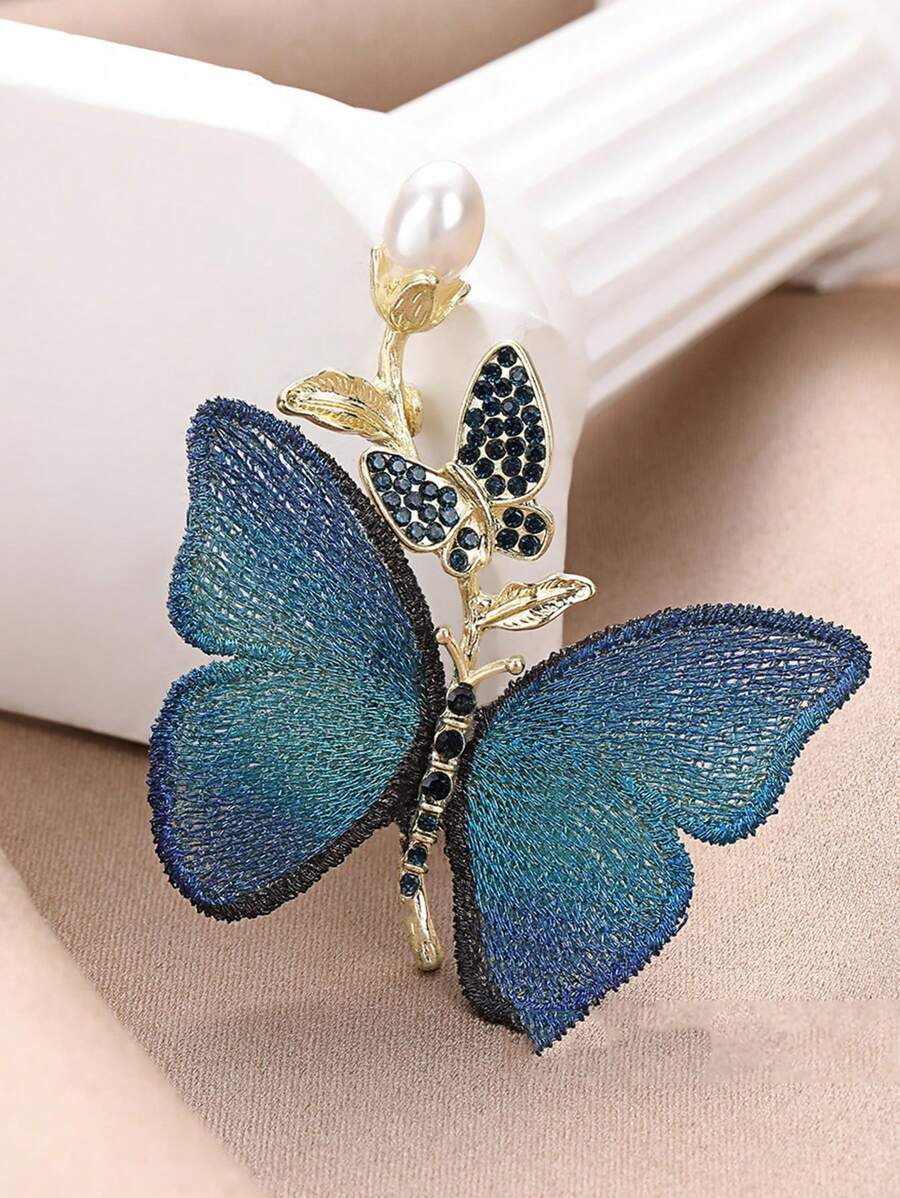 1 pieza Broche vintage estilo chino bordado con mariposa azul, accesorio elegante premium para trajes, cheongsam