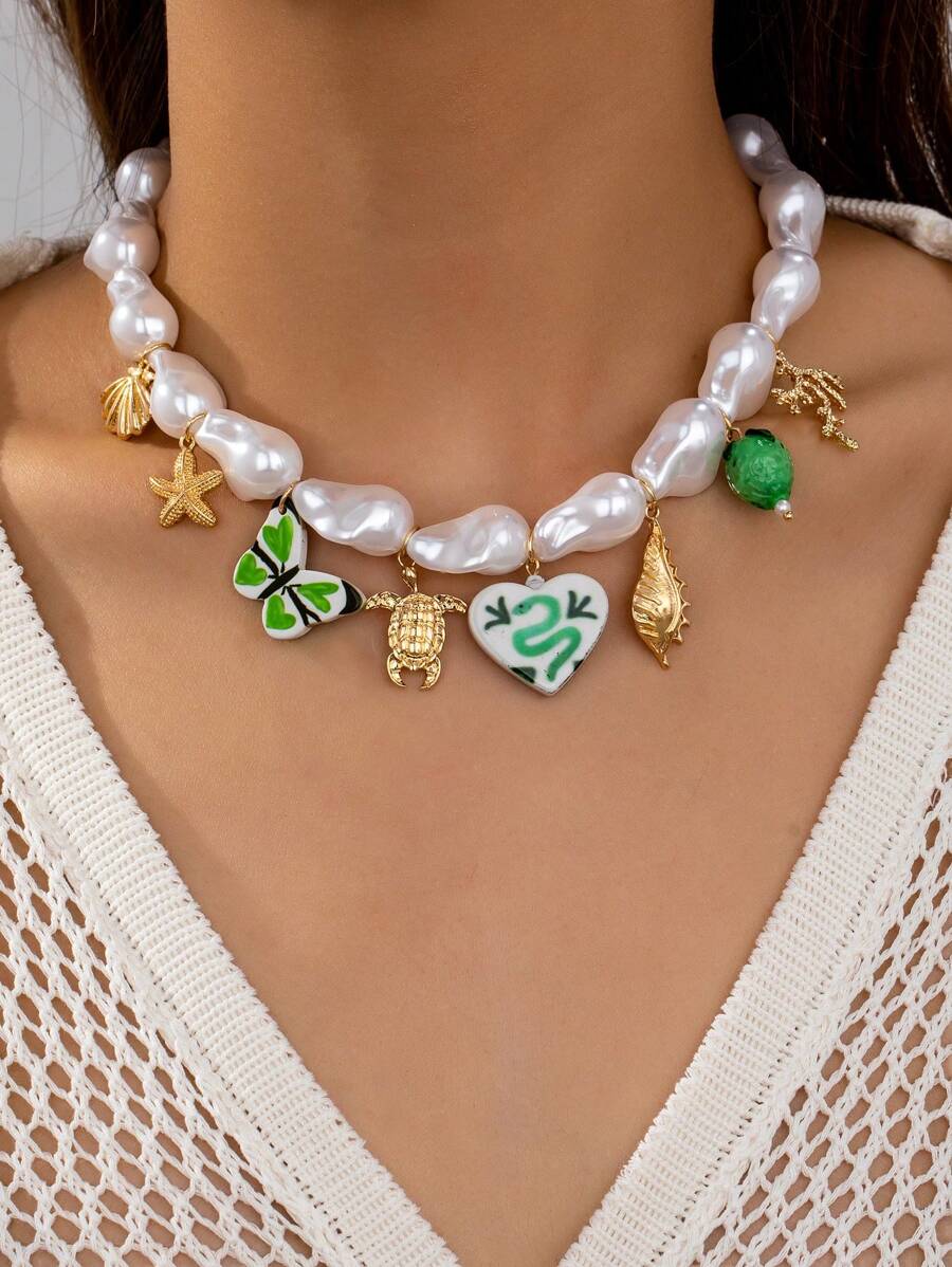 1pc Summer Beach Element Sea Themed Handmade Porcelain Charm Necklace, Women Bohemian Boho Faux Pearl Beaded Necklace Suitable For Summer Vacation, Beach Travel, Bikini Jewelry (Color/Pattern May Vary Due To Handmade Nature)