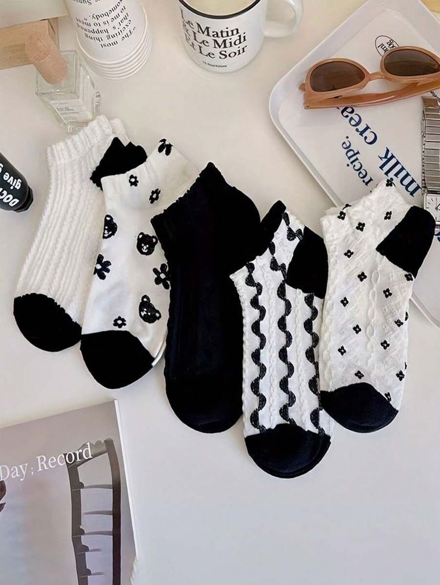 5 Pairs Low-Cut Shallow Mouth Sweet Black & White Thin Socks, Korean/Japanese Style Lace Short Socks, Suitable For Spring & Summer