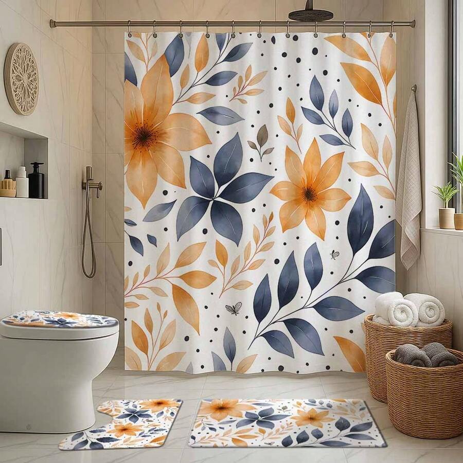 1/4 pièces Set de salle de bain avec thème de feuilles colorées, comprenant un rideau de douche, un tapis de bain, un tapis de toilette en U, un couvercle de toilette, un rideau de douche imperméable. Décoration de salle de bain de style moderne. Pas besoin de perçage, fabriqué en polyester, lavage en machine. Retour à l'école.