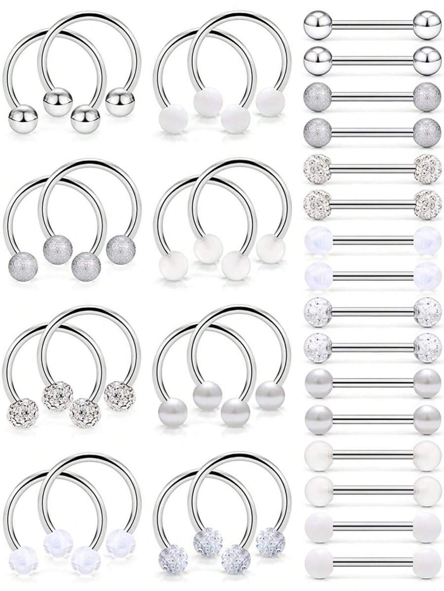 AVYRING 32 Stücke Brustwarzen-Piercings 14G Edelstahl-Zungenbarren, geistige Brustwarzenbarren, Brustwarzenringe, Barbells, Brustwarzen-Piercing-Schmuck für Frauen und Männer, 14mm silber, pink, schwarz
