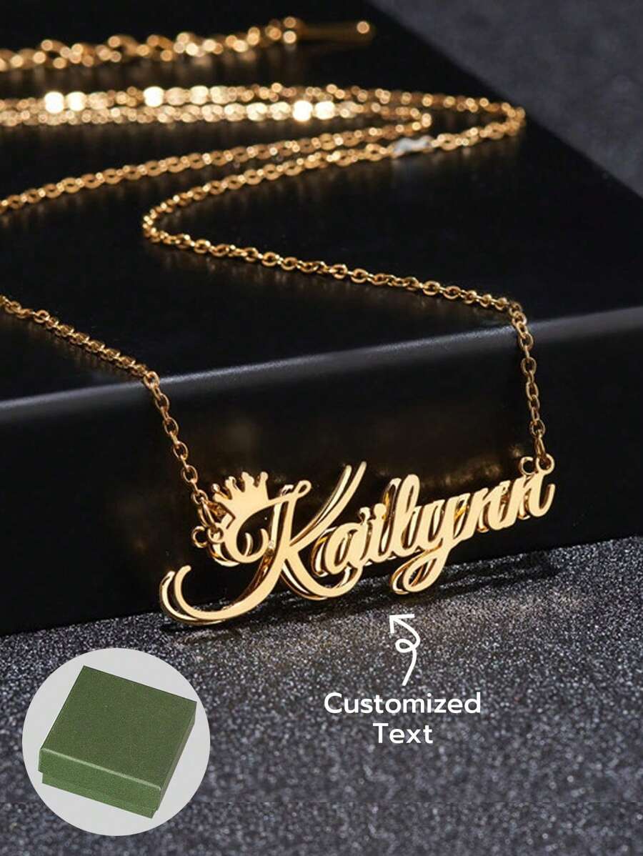1pc Electroplated 18k Gold Stainless Steel Necklace, Fashionable DIY Personalized Stainless Steel Double-Sided Name Letter Necklace, Crown Name Pendant, Multiple Fonts Available For Customization, Including Exquisite High-End Boxes Unique Ideal Gifts For Her