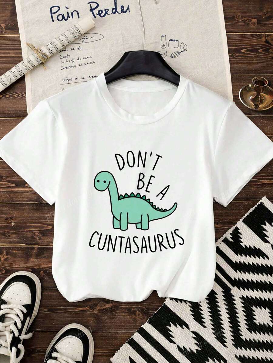 Women's New Round Neck Short Sleeved Summer, Cartoon Dinosaur Pattern Printed Casual T-Shirt, Sweet And Gentle Temperament, Slim And Comfortable Summer Tops, Suitable For Daily Casual Wear, Graphic Tees Women,Summer Outfits For Women,Vacation Outfits Women,Summer Dresses For Women