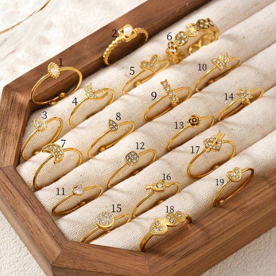 Juego de anillos con baño de oro al estilo francés para mujer, set único de anillos de circonita sintética con diseños de corazón, luna y delfín, anillos ligeros y de lujo, anillos de acero inoxidable sencillos pero elegantes, regalos para fiestas y cumpleaños, parejas