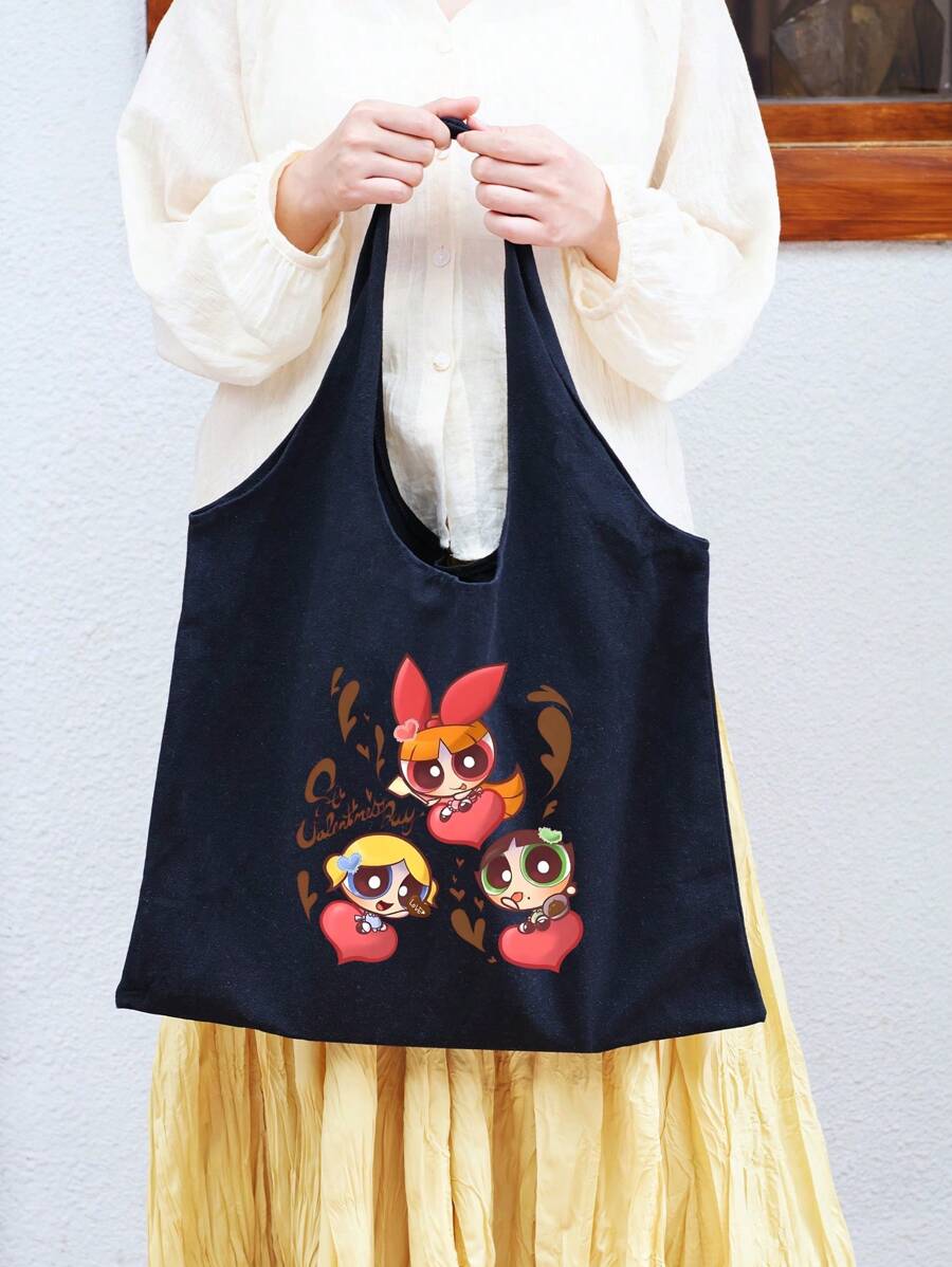 THE POWERPUFF GIRLS Cartoon Police Girl Printed Canvas Tote Bag, Large Capacity Casual Shoulder Bag, Versatile For Outdoor, Commute