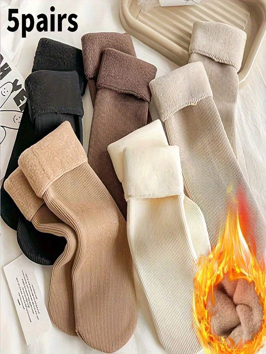 5 Pares de Meias de Inverno Confortáveis de Fleece - Grossas, Quentes, Macias, na Cor da Terra, Fibra de Poliéster e Fibra Elástica, Tricotadas, Cor Sólida, Adequadas para Clima Frio/Yoga/Sono, Moda Feminina