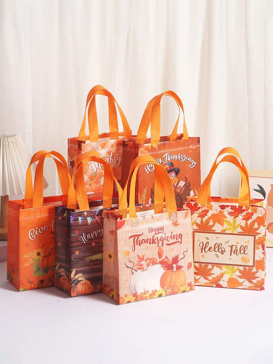 6pcs/3pcs-Autumn Thanksgiving Gift Bag With Handle, Reusable Thanksgiving Tote Bag With Tissues, Non-Woven Fabric, Autumn Pumpkin, Turkey, Maple Leaf, Turkey, Dwarf, Autumn Party Gift,Trick Or Treat