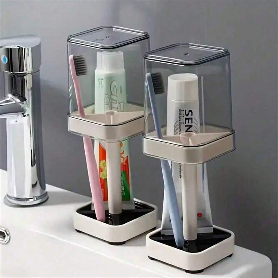 Toothbrush Holder With Rinse Cup, Couples Toothbrush Organizer, Toothbrush Storage Rack, Simple Style Toothbrush Holder And Bathroom Cup Set, Bathroom Supplies, Home Decor, Home Furniture Back To School