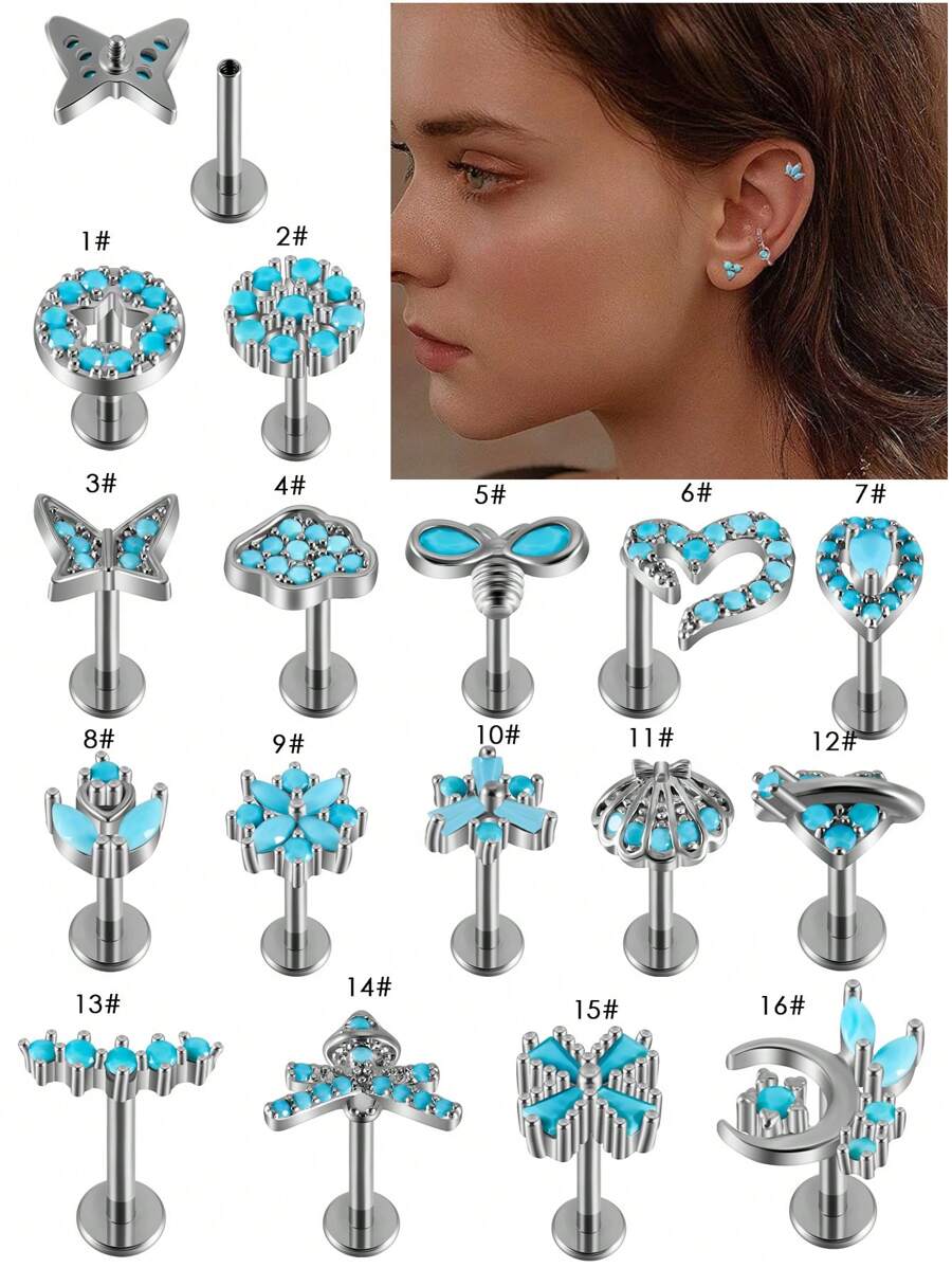1 PIEZA Pendientes de turquesa Gema de turquesa Pendiente de trágus con forma de girasol de 16G para lóbulo de la oreja, trágus y cartílago