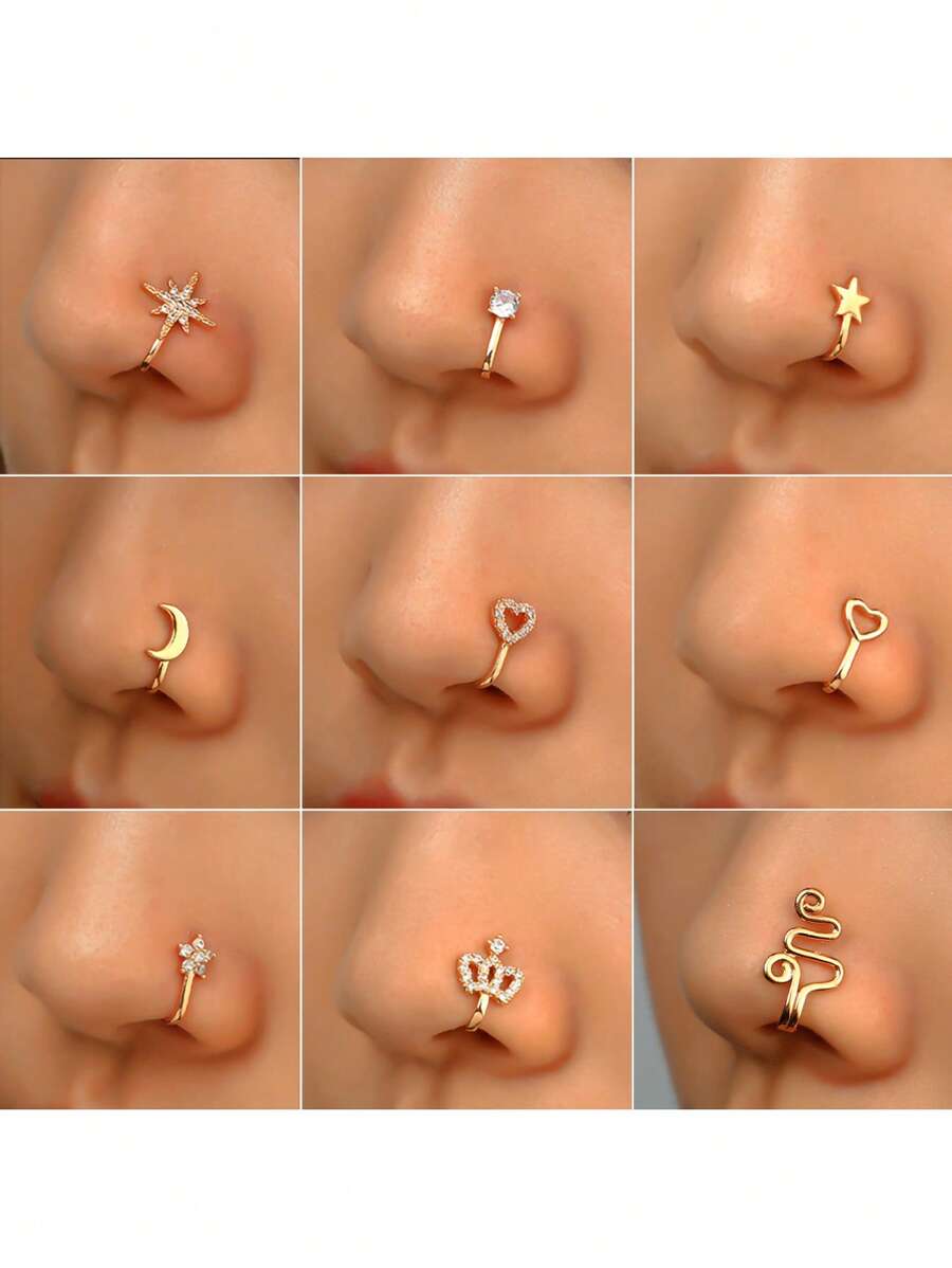 Anillo de nariz sin perforación, diseño en forma de U de cobre con circonita cúbica, estrellas, corazones y coronas, decoración para la nariz sin perforación