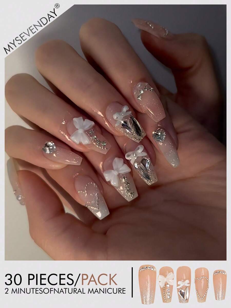 30 Pieces Of Mid Size Coffin Press Style Fake Nail Patches, Gradient Solid Color Bow, Sweet And Cool French Style Women's Fingernail Patches, New And Fashionable Fingertips, Matched With 1 Piece Of Jelly Glue And 1 Piece Of Rubbing Strip, Suitable For Women's Parties, Dances, Daily Casual Wear, Detachable And Reusable Wear Press On Nails