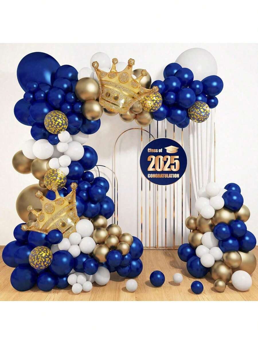 142 Blue Sapphire And Gold Decorative Balloons, Decorated With A Navy Blue Balloon Garland Set, Gold And White Confetti, Aluminum Foil Crown, Suitable For 2025 Graduation, Bridal Party, Birthday, Party Decoration.