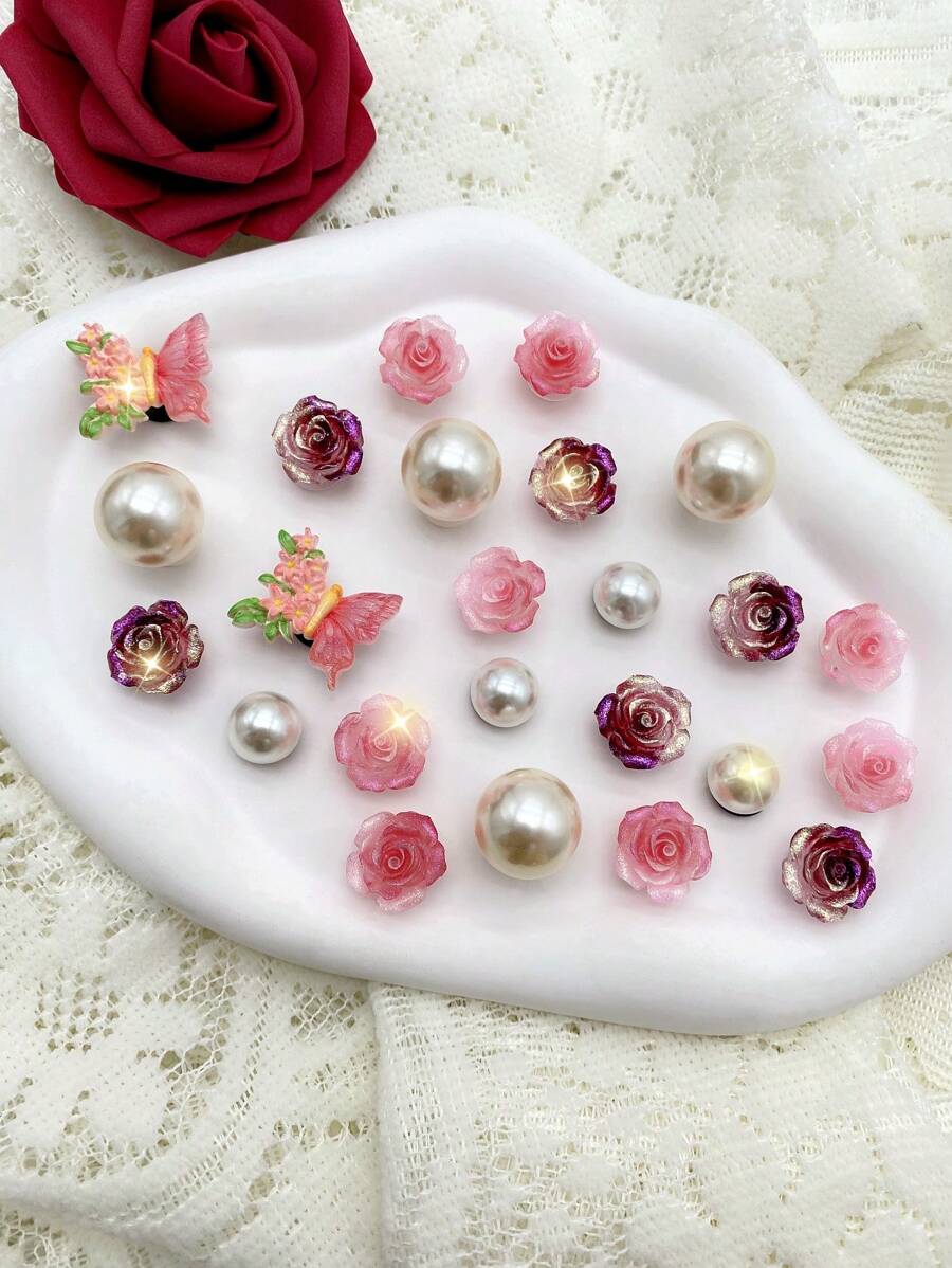 24pcs Pink Flower & Butterfly, Pink Ombre Rose, Purple Ombre Rose ABS Pearl Shoe Clips For Women, Multifunctional Sandal, Slipper, Beach Bag Accessories, Suitable For Holidays, Birthday Party Gifts